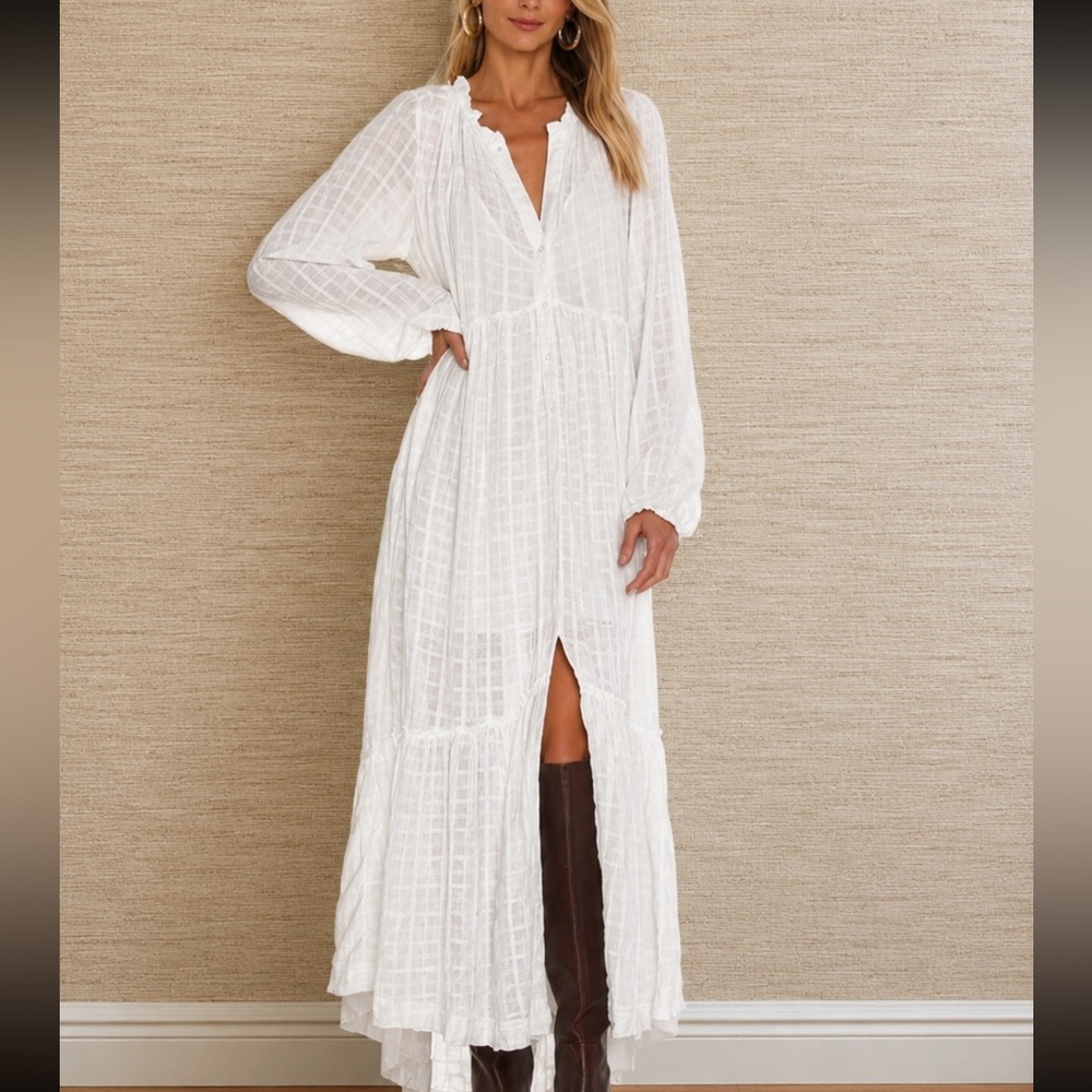 Free People Edie Tiered Maxi Jacquard Dress or Button Up Duster w/ Slip cream